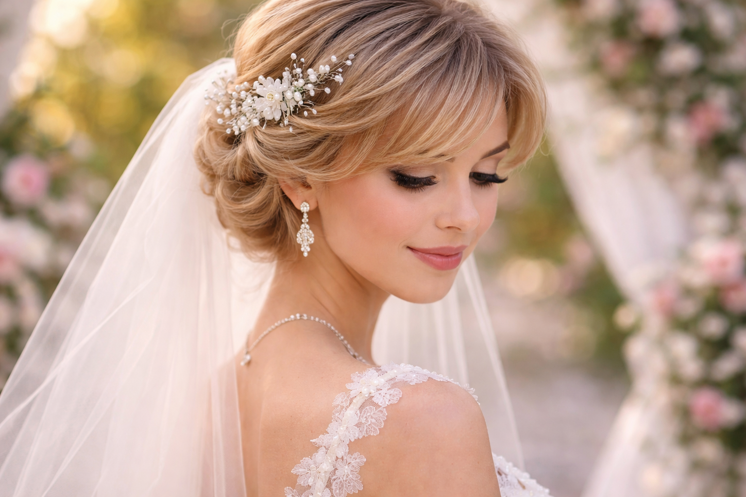 Свадебная прическа для коротких волос с фатой и украшениями