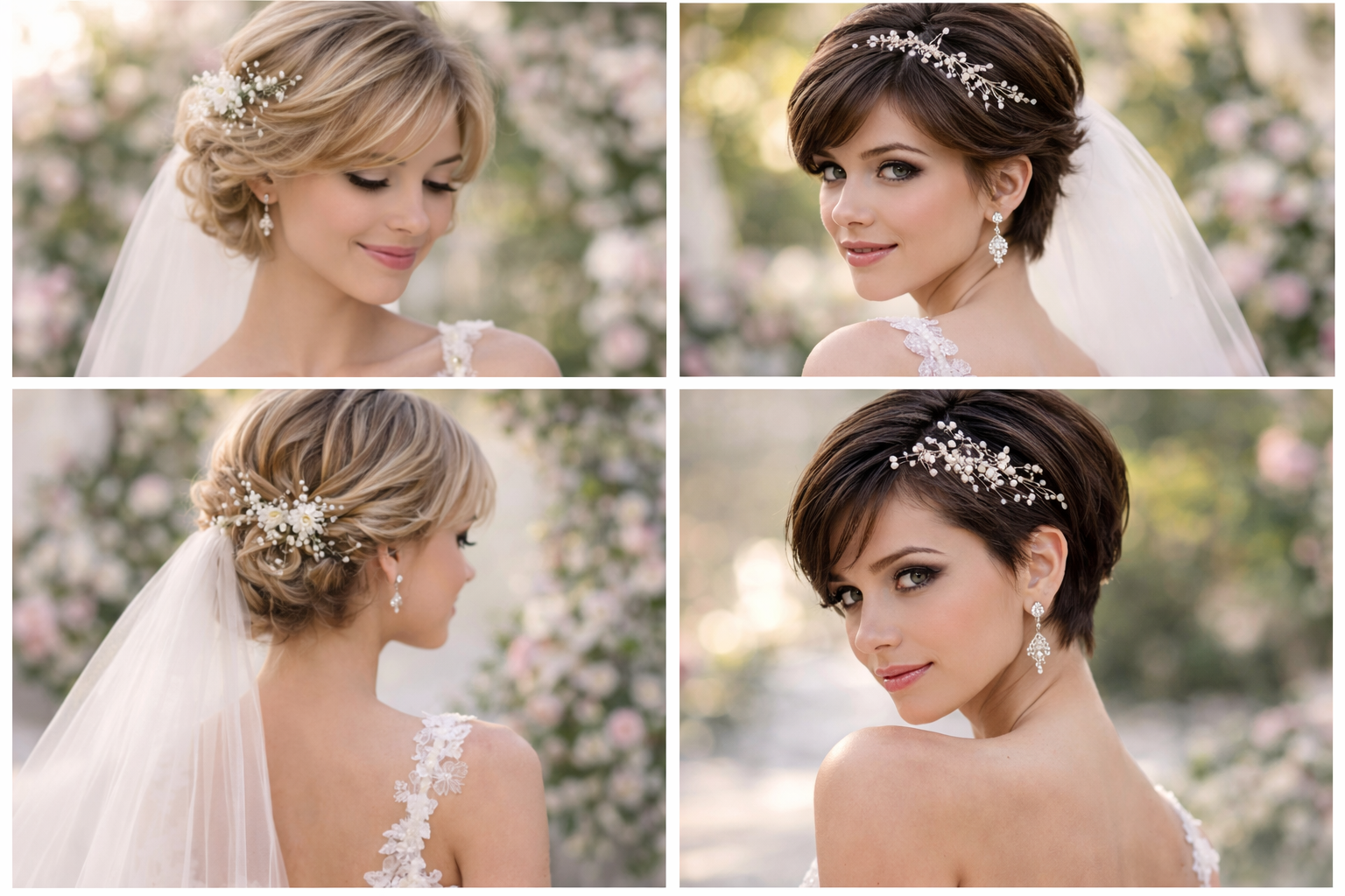 Ідеї весільних зачісок для короткого волосся з фатою та прикрасами