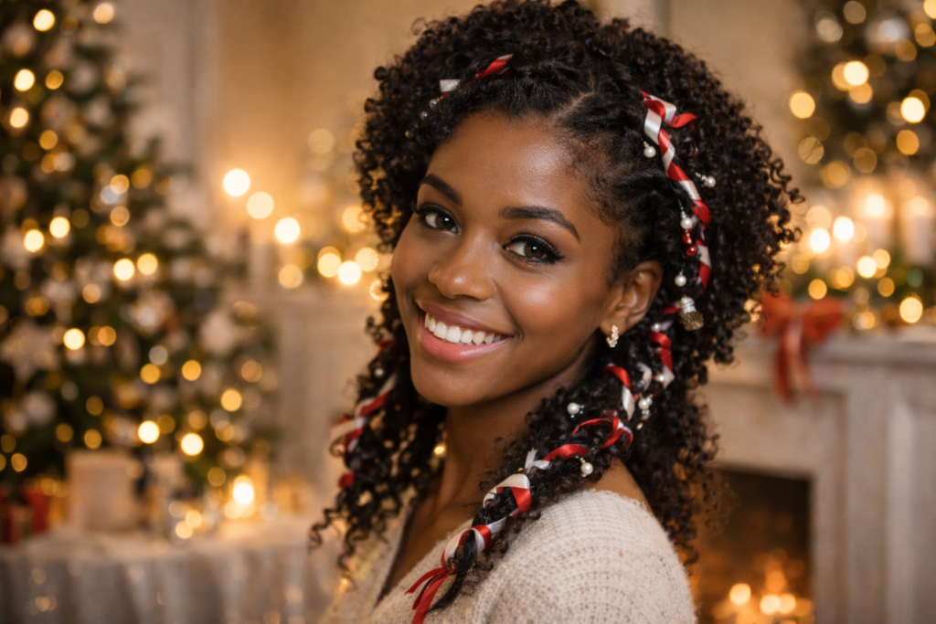 Новогодняя прическа дома с косами и праздничными украшениями своими руками