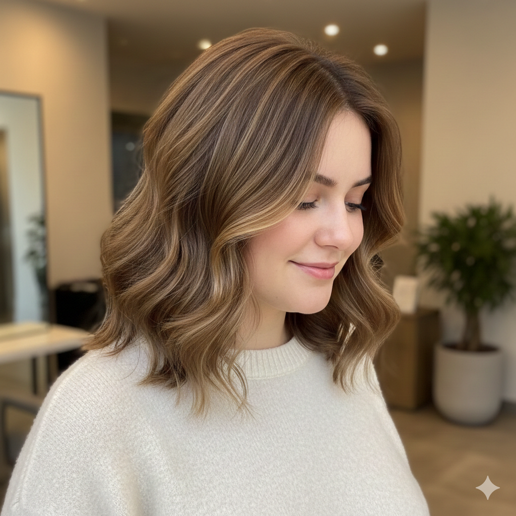 Стрижка для круглого обличчя на середнє волосся: подовжене каре та боковий проділ