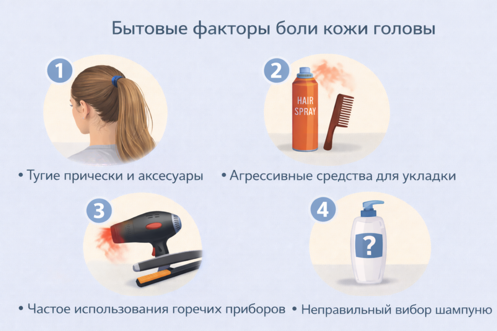 Бытовые факторы боли кожи головы у женщин Бытовые причины боли кожи головы