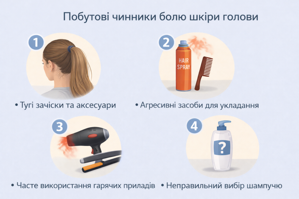 Побутові причини болю шкіри голови