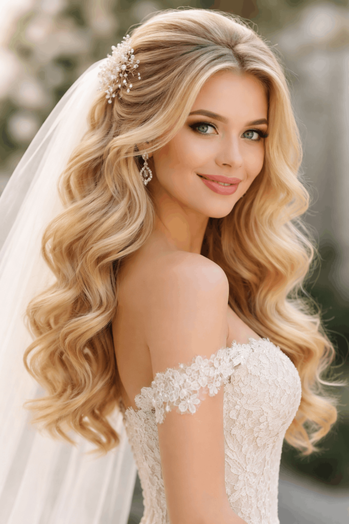 Красивая прическа на свадьбу для невесты с локонами и объемом