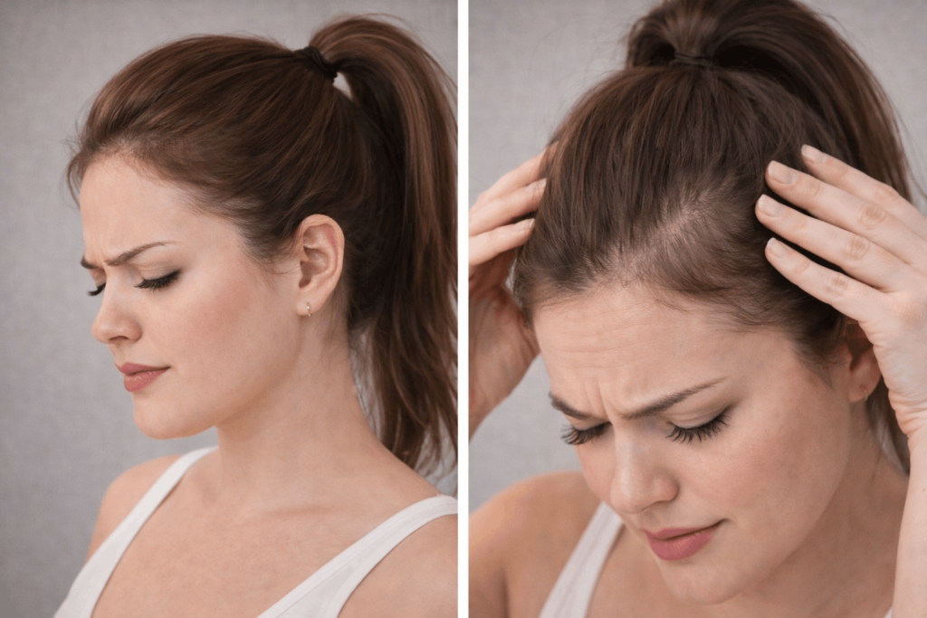 Наочний приклад потоншення волосся на скронях через тугі зачіски