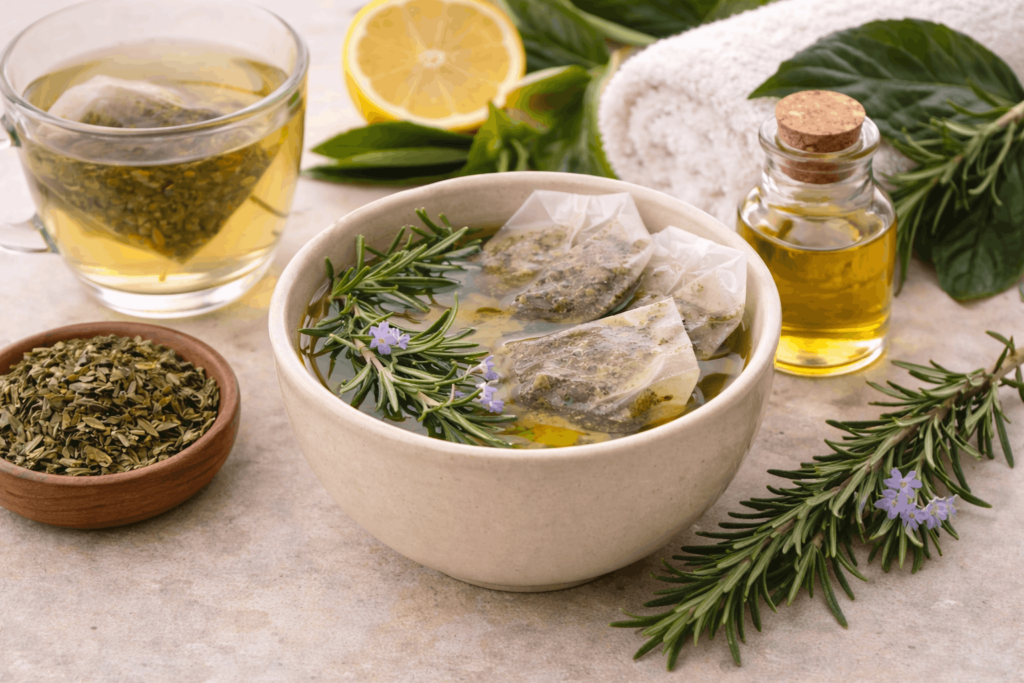 Домашній настій зеленого чаю для волосся з розмарином та оливковою олією