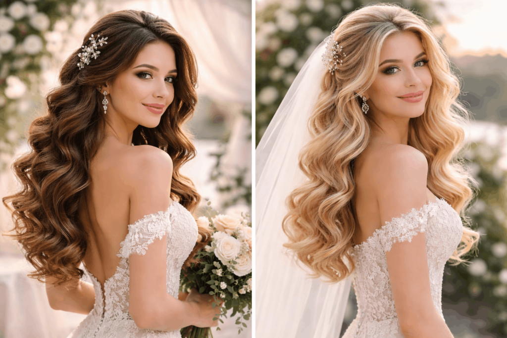 Красивые прически на длинные волосы на свадьбу с крупными локонами