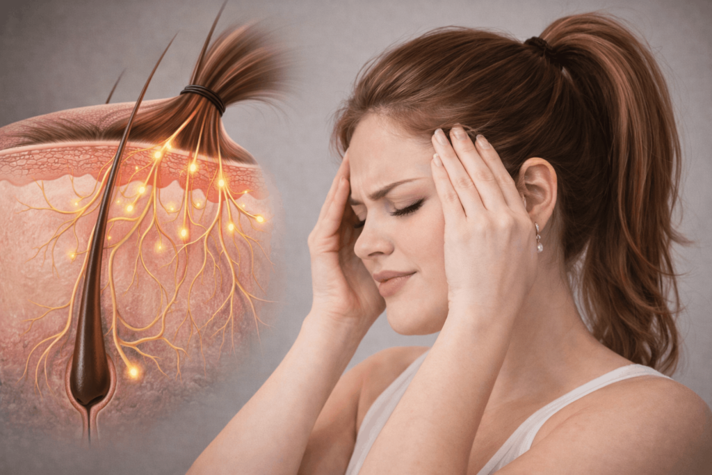 Схема розташування нервових закінчень у шкірі голови під час натягу