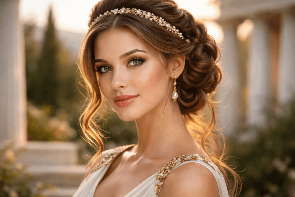 Греческая прическа с повязкой на длинные волосы Классическая греческая прическа с повязкой на длинные волосы