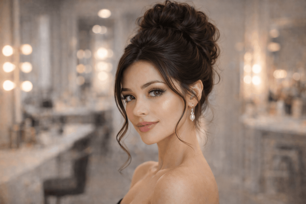 Висока вечірня укладка для свята Святкова висока зачіска для урочистого образу.