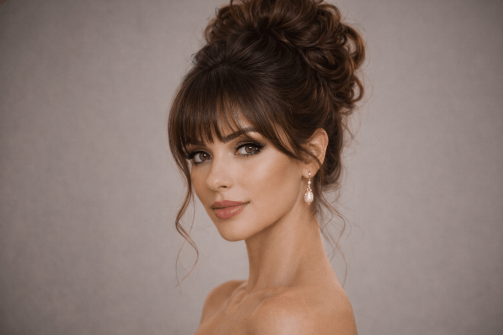 Висока зачіска з чолкою Елегантна висока укладка з чолкою.