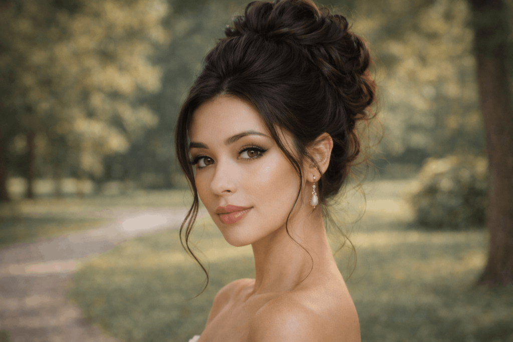 Небрежная высокая прическа Современная высокая прическа с легкой небрежностью.