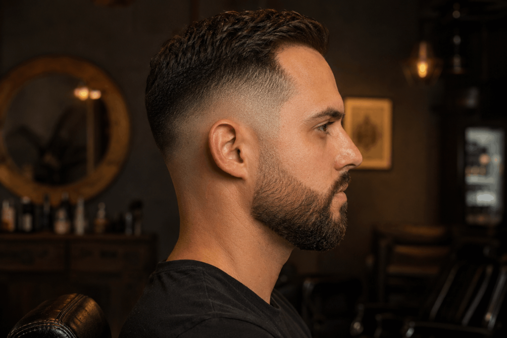 Борода і стрижка для балансу високого чола Fade і beard для чоловіка з великим лобом