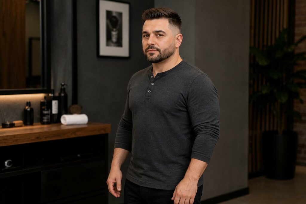Акуратний контур без зайвої ширини Mid fade і коротка борода для невисокого чоловіка
