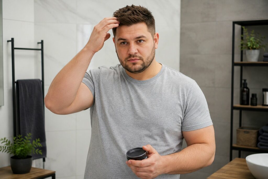 Укладання короткої стрижки для повного чоловіка матовою пастою